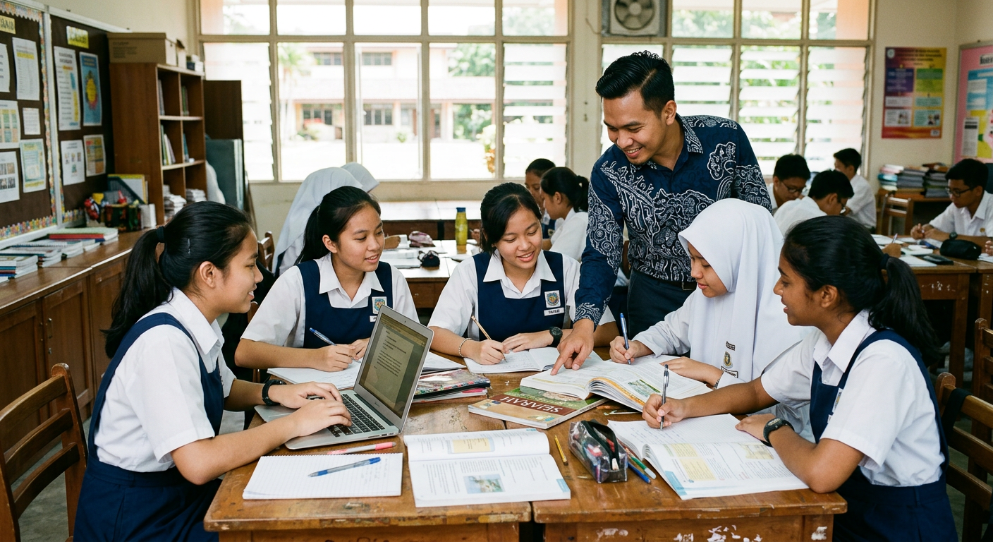 Teenagers studying together with a teacher